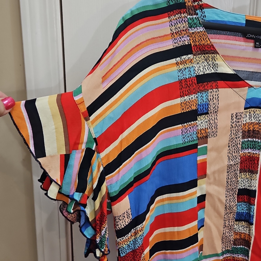 John Mark Multicolor Patchwork Blouse Striped Boh… - image 2